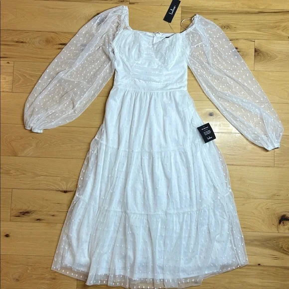 NWT Lulus White Long Sleeve Tiered Dress with Sheer Polka Dot Sleeves | Size XS - Picture 3 of 11